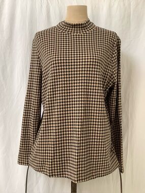 Karen Scott Mock Turtleneck Pullover Top Shirt-Tan Black Houndstooth-XL Regular